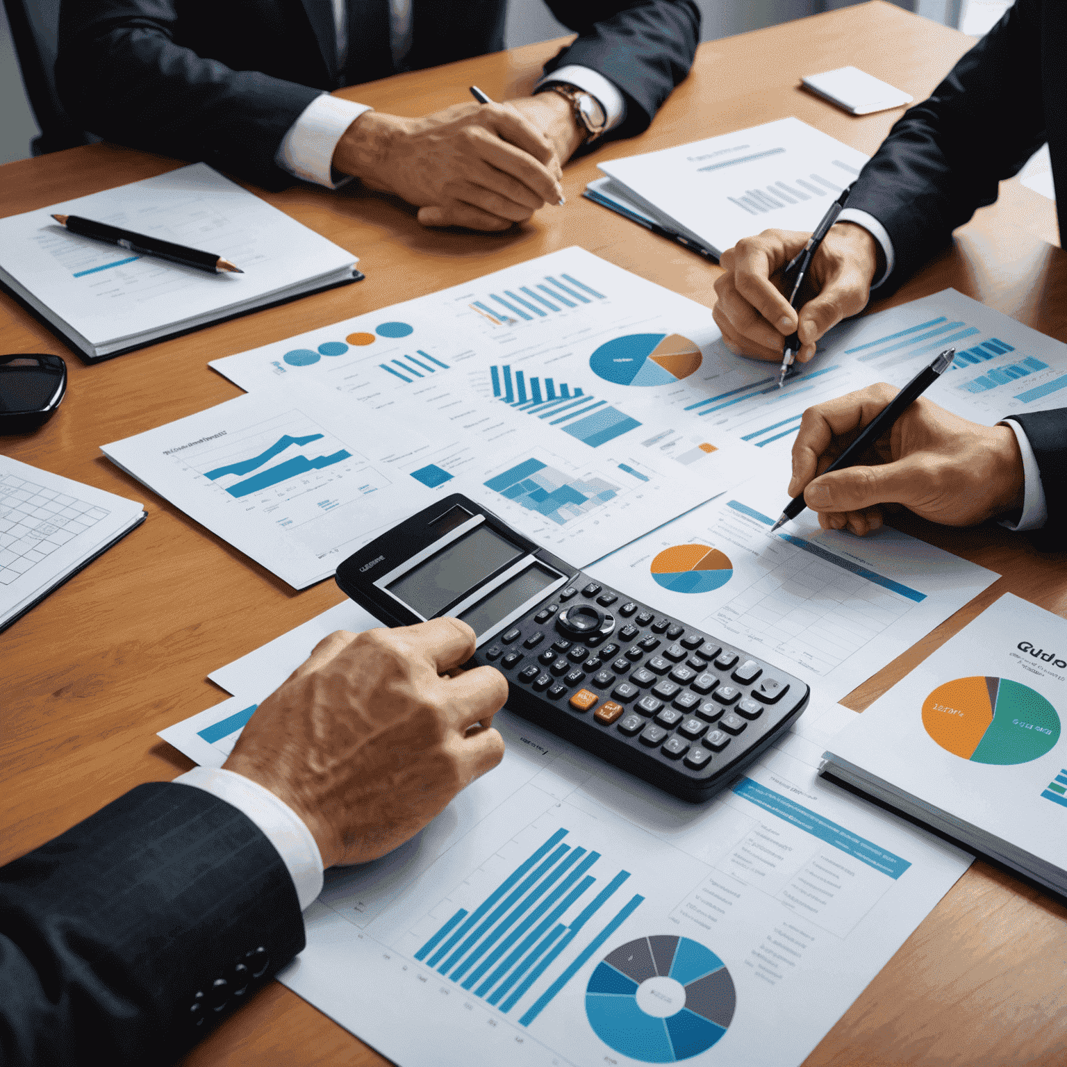 Türkiye'de ofis kurarken maliyet planlaması yapan iş adamları ve kadınları, grafik ve hesap makineleri ile çalışıyor