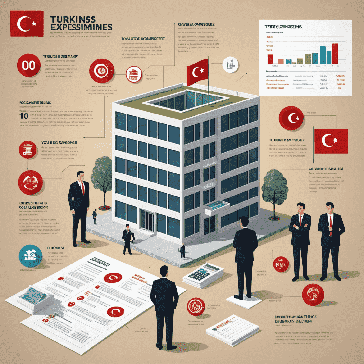 Türkiye'de iş giderlerini gösteren infografik: ofis binası, çalışanlar, vergi formları ve Türk Lirası sembolleri