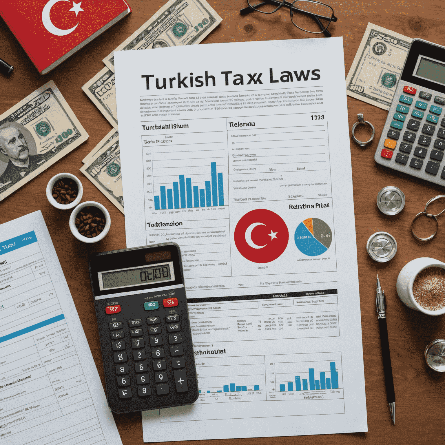 Türk vergi kanunları ve maliyet planlaması ile ilgili infografik. Vergi formları, hesap makinesi ve Türk lirası sembolleri içeren görsel.